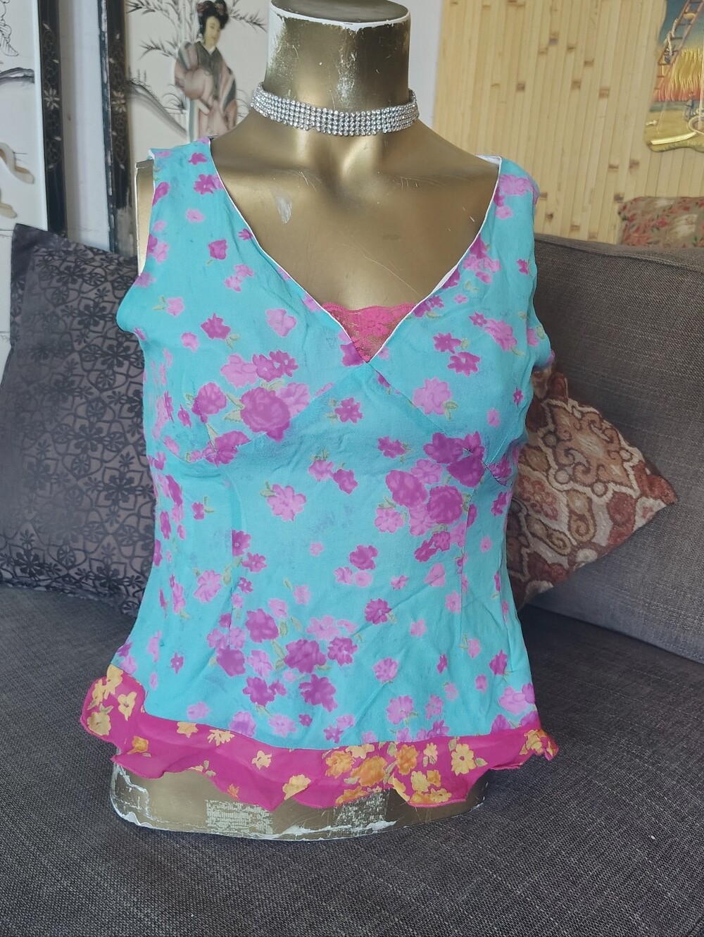 Y2K Vintage Blue Floral Fairy Silk Ruffle Top Small Coquette Feminine Blouse